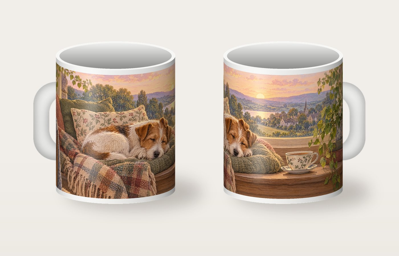 Tasse von beiden Seiten: ein schlafender Terrier auf einem Kissen in der Fensterbank, daneben eine Tasse Tee