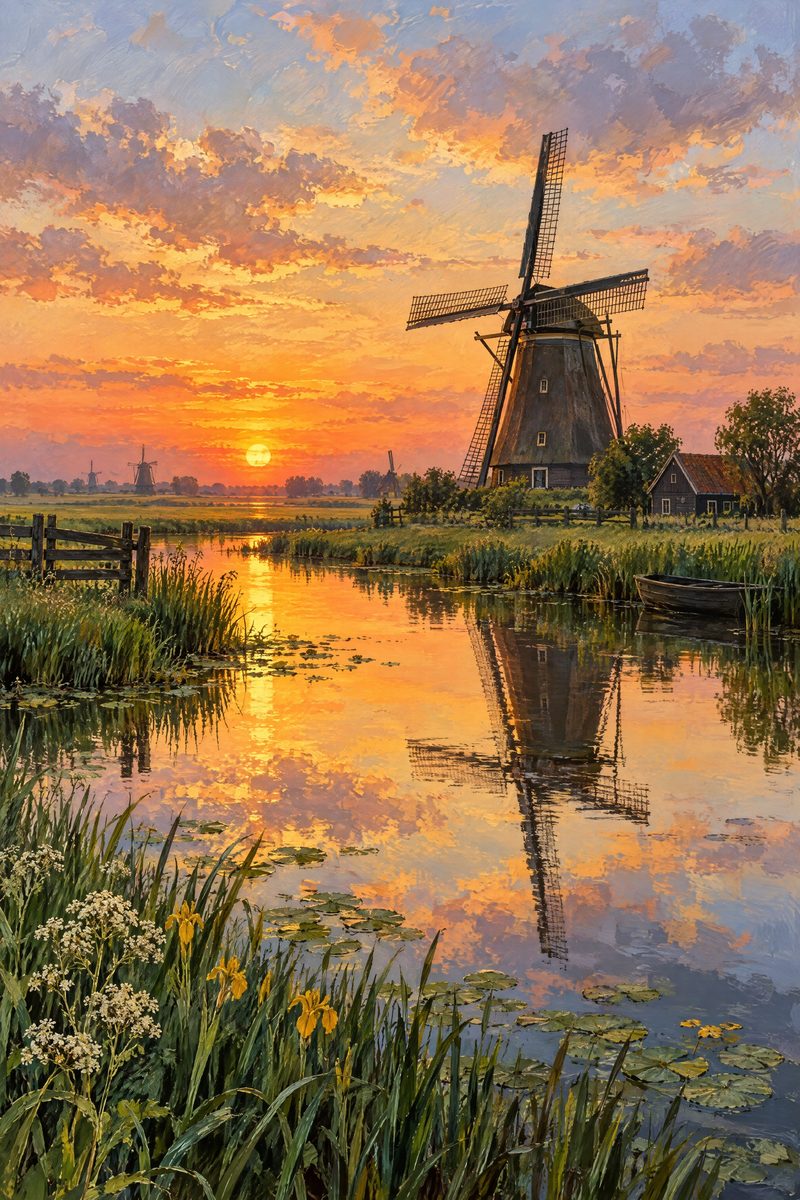 Hochformatfoto einer Windmühle am Wasser bei Sonnenuntergang, ein Bild, das auf einer Tasse größtenteils wegfällt