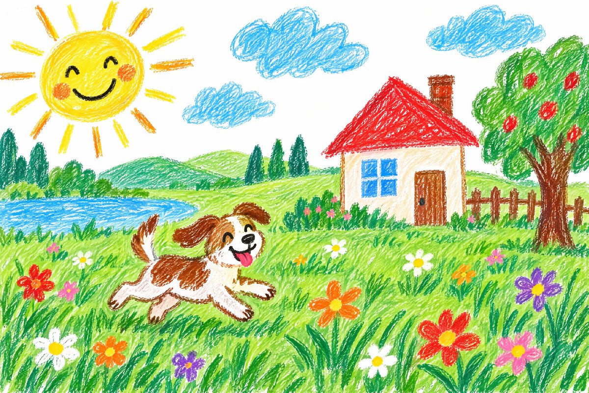 Kinderzeichnung mit Wachsmalstiften: ein Hund rennt durchs Gras, dahinter ein Haus mit rotem Dach und eine lachende Sonne