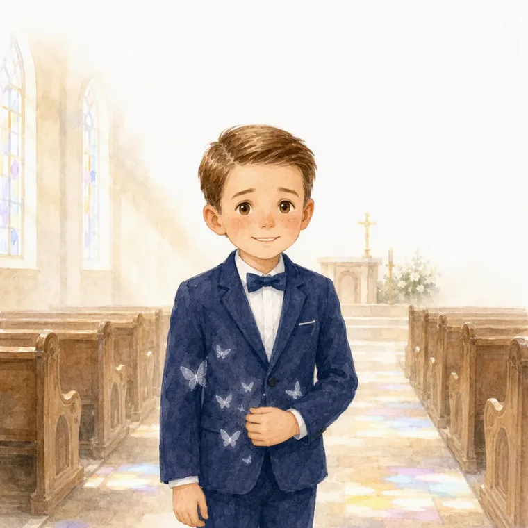 Daan im dunkelblauen Anzug im Mittelgang der Kirche, mit Schmetterlingen auf der Jacke