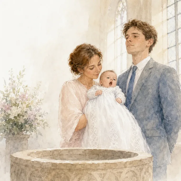 Mama hält Lotte im weißen Taufkleid am Taufbecken, Papa steht daneben