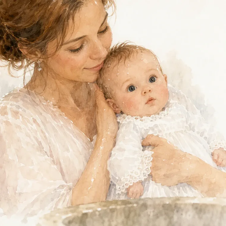 Mama drückt Lotte mit noch nassen Haaren nach der Taufe an sich