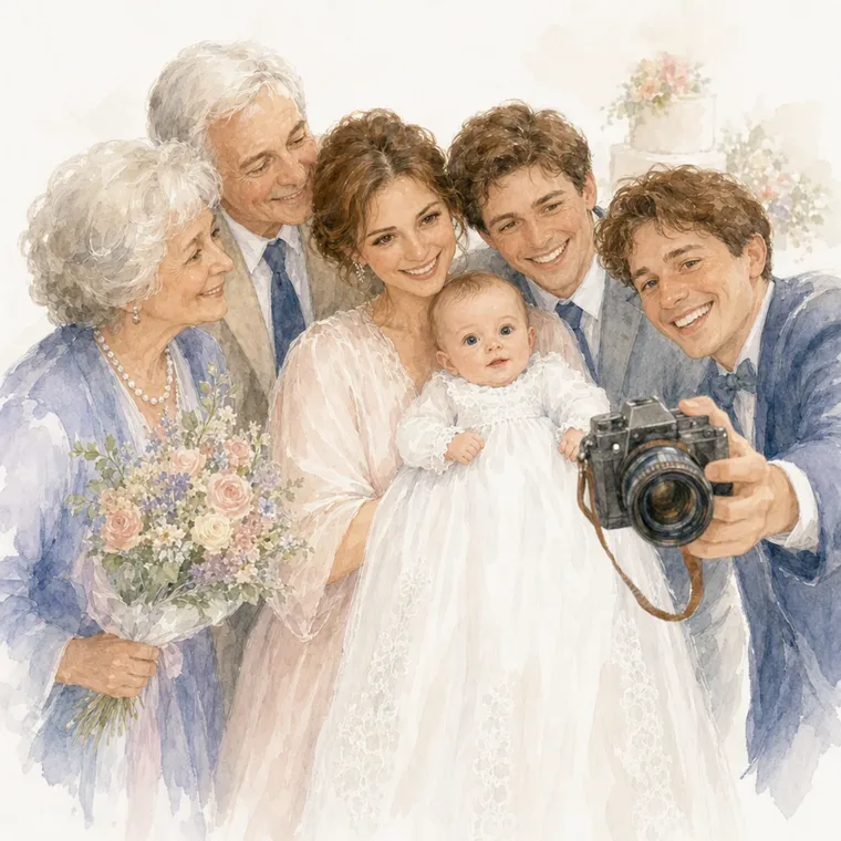 Die ganze Familie um Lotte, während der Onkel das Foto macht