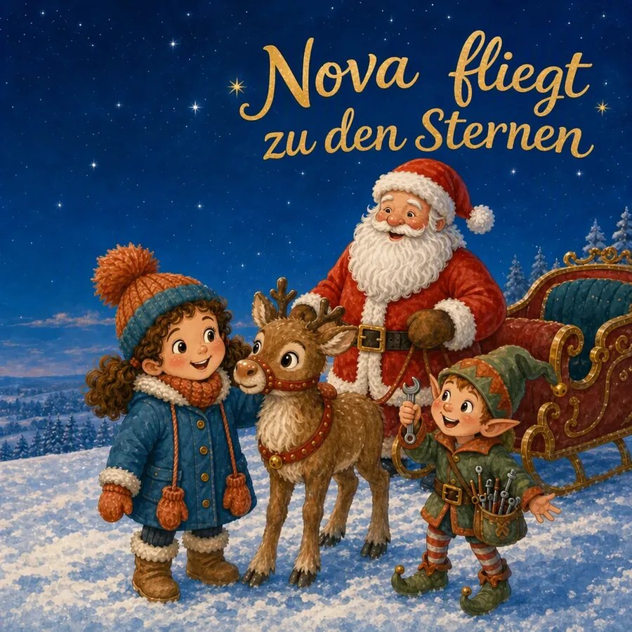Cover des Weihnachtsbuchs mit Fenna, Rentier Nova, dem Weihnachtsmann und Elf Pip im Schnee