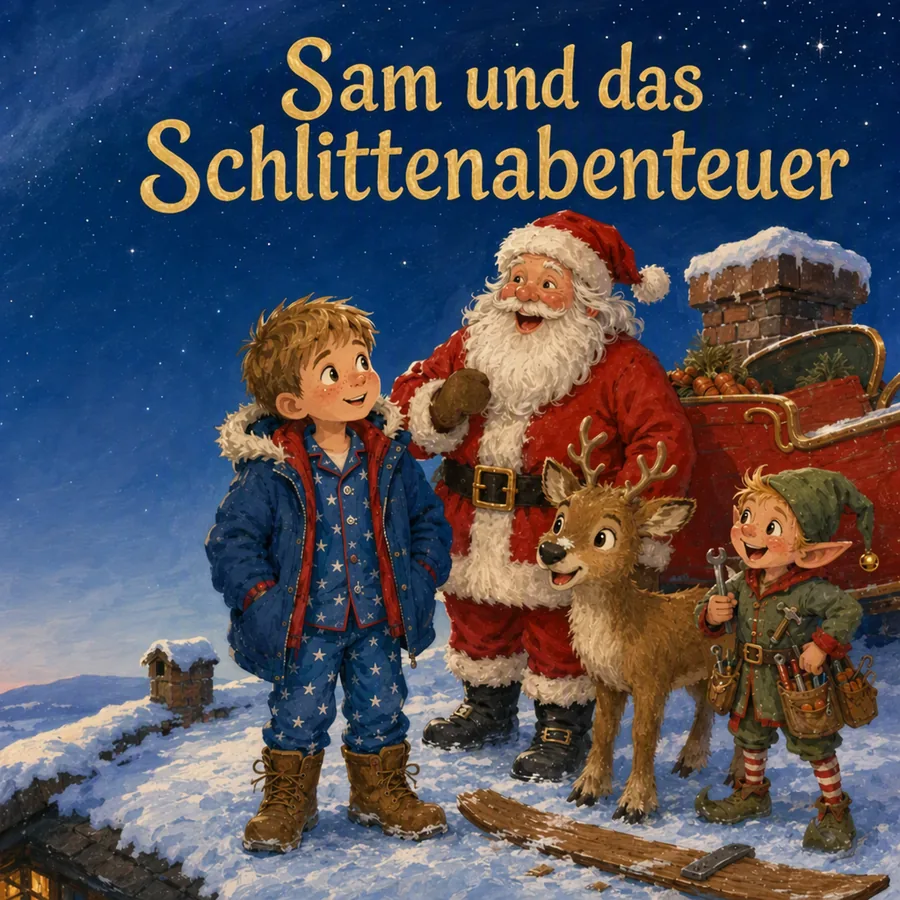 Cover des Weihnachtsbuchs mit Sam, dem Weihnachtsmann, Rentier Nova und Elf Pip auf einem verschneiten Dach