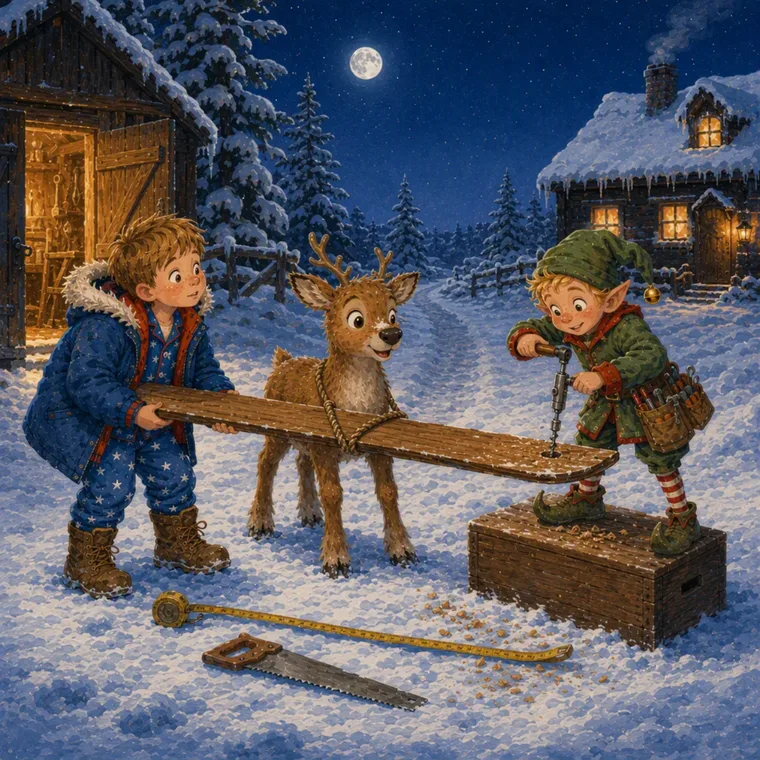 Sam, Nova und Elf Pip tragen gemeinsam einen Holzski durch den Schnee