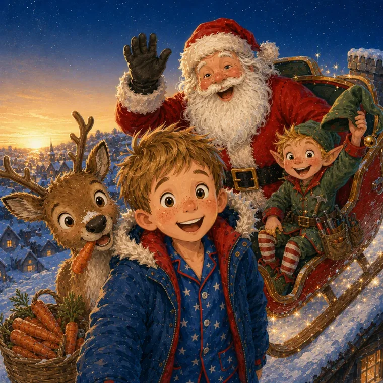 Sam, der Weihnachtsmann, Nova und Pip im Schlitten bei Sonnenaufgang