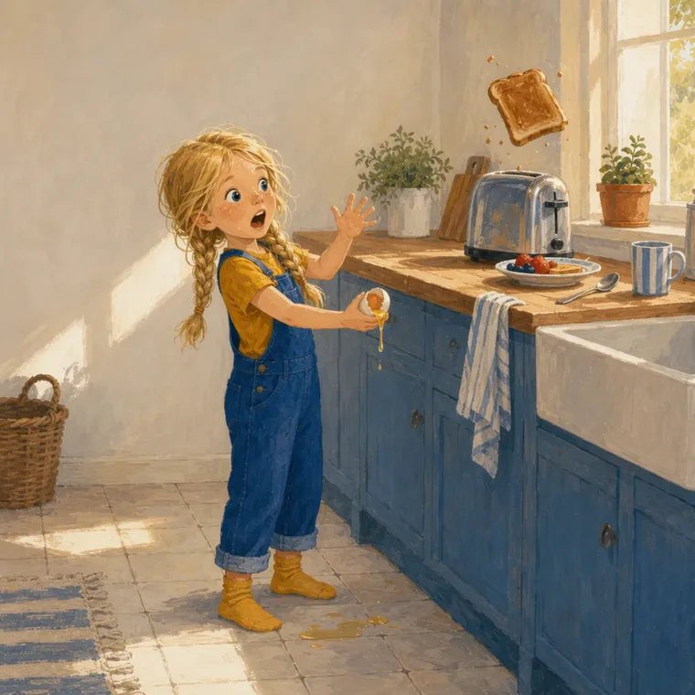 Noor erschrickt, als der Toast aus dem Toaster durch die Küche fliegt