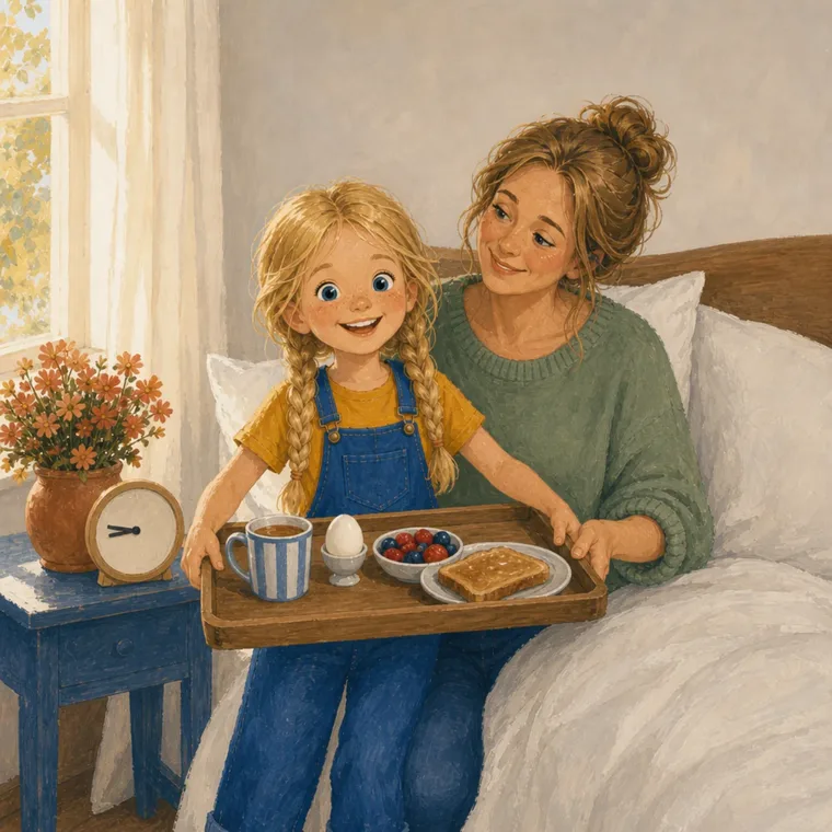 Noor bringt Mama ein Tablett mit Toast, Obst und einem Ei ans Bett